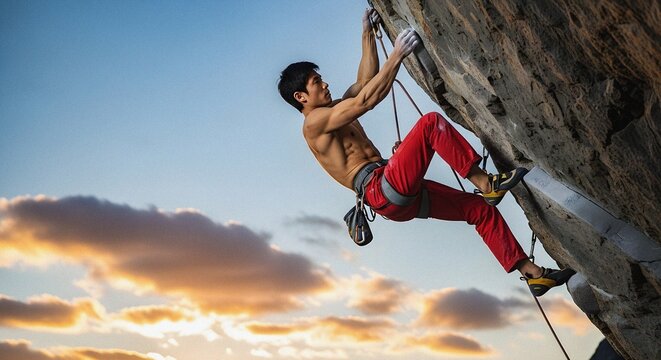 Red pants shirtless athlete dramatic sunset granite sport rock climbing adventure