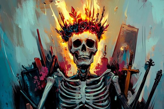 Skeleton engages in eerie celebration surrounded by gothic relics