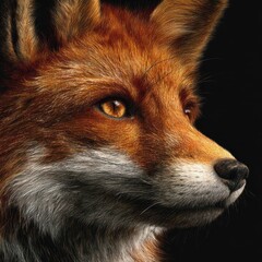 Close-up portrait of a red fox head with amber eyes on a dark backdrop