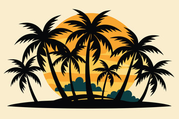 Obraz premium A tropical sunset landscape featuring the silhouette of palm trees on an exotic paradise beach with a coconut tree island and sea water under a summer vacation sky vector illustration