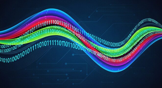 Glowing parallel multicolored binary data streams wavy digital flow communication visualization technology circuit board vector background
