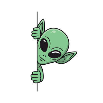 A cartoon alien peeking from behind a wall with a curious expression