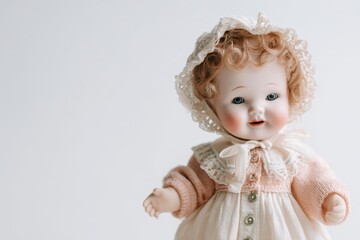 Fototapeta premium Collectible vintage doll with soft expression, isolated on white backdrop