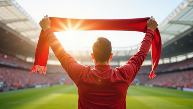 Modern soccer fan experience captured with a single enthusiastic supporter holding a scarf raised above shoulders clean stadium background soft daylight