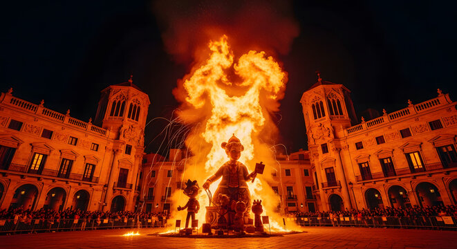 Giant satirical sculpture burning during La Crem festival in Val