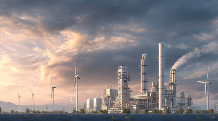 Fototapeta premium high-end esg concept for manufacturing industry, large-scale modern factory with wind turbines and solar panels, sustainable industrial transformation at sunrise