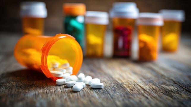 The Prescription Bottle Spilling White Tablets on a Rustic Wooden Table with Bottles