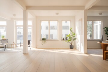 Obraz premium Bright Spacious Empty Living Room With Large Windows And Natural Sunlight In Modern Apartment
