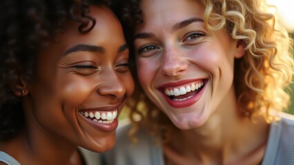 Fototapeta premium Both women smiling radiantly close-up portrait, African woman dark skin perfect smile, blonde woman red lips bright expression