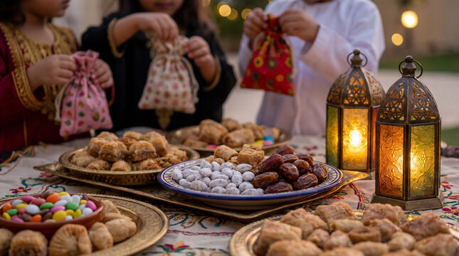 Close-up of traditional Garangao treats including maamoul, dates, nuts, and colorful candies served in ornate brass trays. In the background, children in  hold decorative fabric