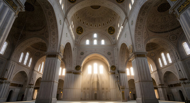 Grand interior view of a large mosque featuring columns, arches,