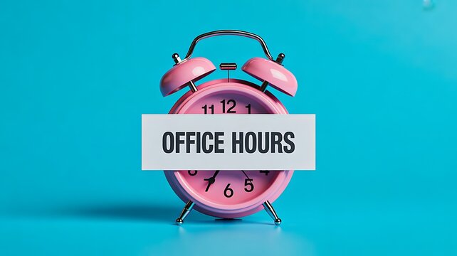 
Office hours sign on alarm clock against blue background
