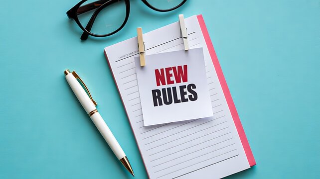 New rules notebook with glasses and pen policy update concept
