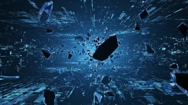 A surreal video scene of shattered glass fragments flying through a dark blue digital tunnel.