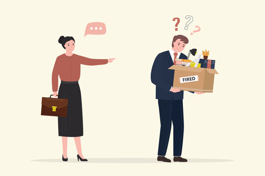 Female boss fires an employee and points to the exit. Unemployed businessman with office things in cardboard box. Job dismissed, fired. End career or staff layoff due to crisis,