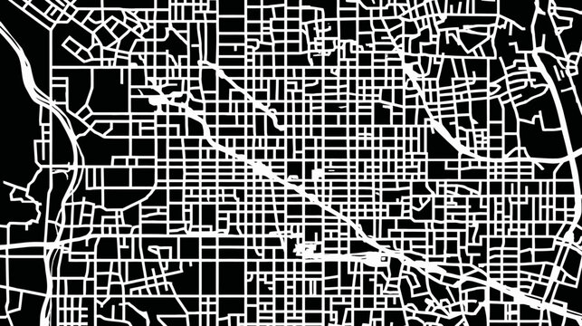 Black and white illustration of urban plan showcasing roads, water bodies, and grid layout
