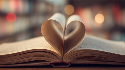 Obraz premium Elegant poto of Open book with pages folded into a heart shape, bokeh background.