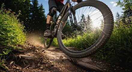 Fototapeta premium Muddy tire tread spray forest trail downhill mountain biking action sport recreation