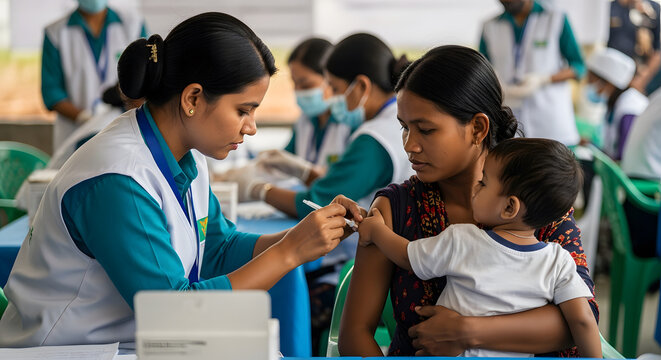 Healthcare worker administering vaccination to a baby held by mo