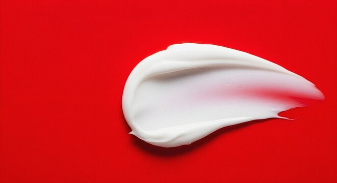 Whipped textured creamy white cosmetic smear high contrast vibrant red background studio shot beauty skincare product moisturizer concept