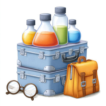 Watercolor cartoon toolbox with laboratory equipment and field backpack for science exploration design on white background