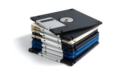 Stack of colorful, obsolete 3.5-inch floppy diskettes, shadow on white backdrop