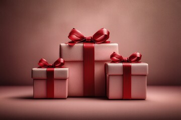 Obraz premium Three red gift boxes with satin ribbons sit against a warm backdrop. The soft glow and neat arrangement evoke holiday cheer and elegance.