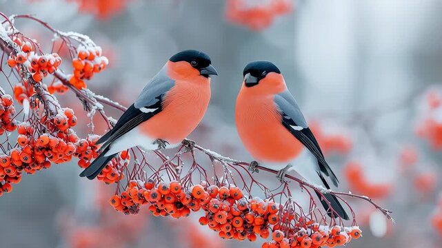 Two bullfinch birds perched on snowy branch with bright red berries in soft winter forest background