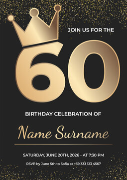 Elegant 60th Birthday Invite, Luxury Gold Crown on Black Background, Royal Celebration Card Template, Sixty Years Anniversary Design
