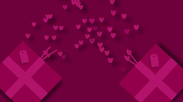 Pink Valentine gift boxes with floating hearts pattern red background 