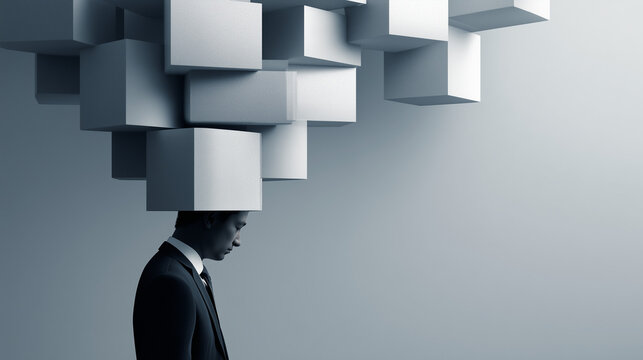 Overwhelmed: An individual is depicted with floating cube, symbolizing the weight of thought, under a sense of mental burden and strain, an artistic conceptualization of being overwhelmed by work.