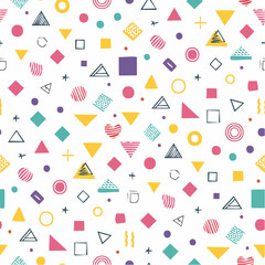 Energetic seamless pattern of diverse geometric shapes and doodles in a retro color palette on a white background