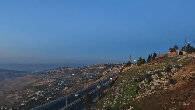 As-Salt, Jordan : Al Sitteen Street (&lsquo;Al Quds Arabiya&rsquo; Street) city of Salt - The most beautiful view of the highway at sunset