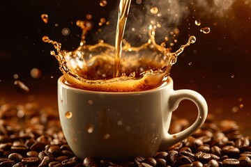 A white coffee cup with a splash of coffee on top