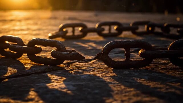 Broken heavy anchor chain dramatically lit by golden sunset on stone