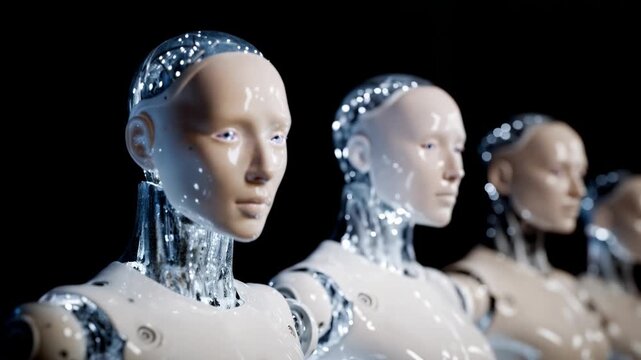 Futuristic humanoid robots standing in formation with illuminated circuits and realistic faces symbolizing artificial intelligence robotics innovation and advanced machine learning technologies