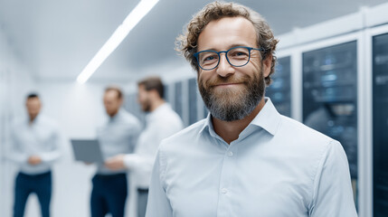 Naklejka premium Tech Professional: A confident man in glasses smiles with pride amidst a modern tech environment, symbolizing expertise and innovation.