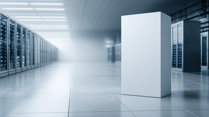 Fototapeta premium Data Center Serenity: A modern data center, rows of server racks, emitting a soft, cool glow, creating a serene and technologically advanced environment.