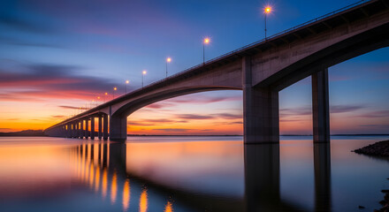 Fototapeta premium Long concrete arch bridge spanning water at sunset with illumina