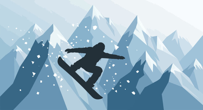 Snowboarder in mid-air performing a trick on a snowy mountain peak landscape illustration