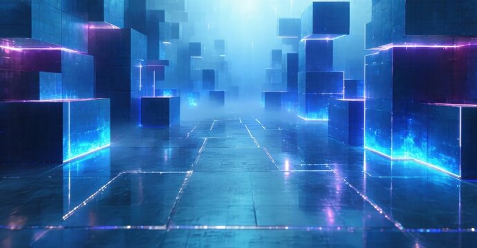 Futuristic space. Glowing cubes form corridor. Blue, purple light creates ethereal atmosphere. Fog adds mystery. Minimalist design.