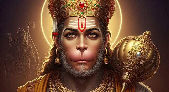 Hanuman close up portrait with golden crown sacred tilak and gada divine hindu deity illustration for spiritual poster festival banner and devotional design