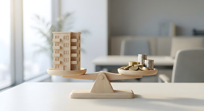 wooden apartment building model balanced with stacks of gold and silver coins on a scale for real estate investment property value mortgage and financial planning concept