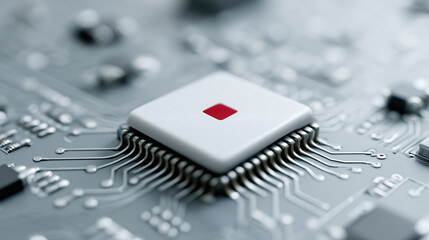 Intricate Circuitry: A close-up view unveils the intricate pathways and micro-components of a computer's central processing unit. The red square in the center signifies power and data exchange.