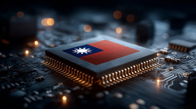 Taiwan Semiconductor Chip: This image captures a close-up view of a microchip with a flag of Taiwan on it, symbolizing technological advancement and innovation in the semiconductor industry.