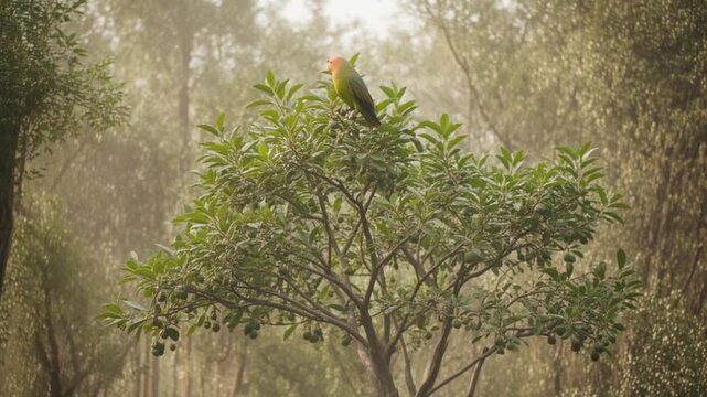 Several colorful lovebird parrots with vibrant plumage are depicted in flight around a lush green fruit tree within a hazy forest setting during the day.