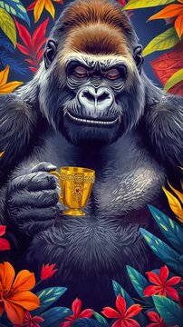 A powerful gorilla takes a sip of coffee from a cup and closes his eyes in pleasure. The gorilla's mood becomes joyful.
