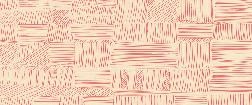 Red small dash pattern. Crosshatch hand drawn texture. Pencil strokes form geometric textile design. Crayon linear shading vintage paper overlay with rough grunge aesthetic. Vector beige tribal bg.