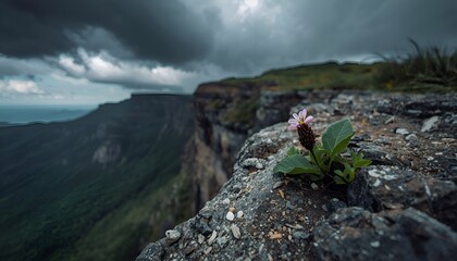 Concept of resilience and hope with lonely plant on mountain precipice