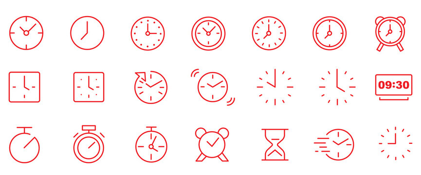 Set of editable stroke time management icons with clocks, calendars, timers, hourglasses, alarms, and productivity symbols isolated on white background, vector illustration pack